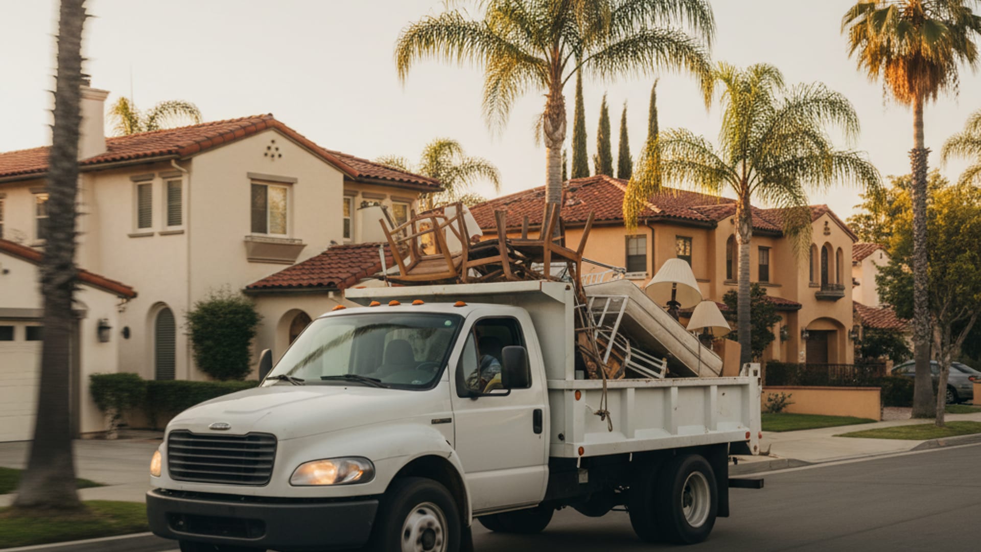 Clear Out San Diego junk removal truck driving through a residential San Diego County neighborhood at golden hour
