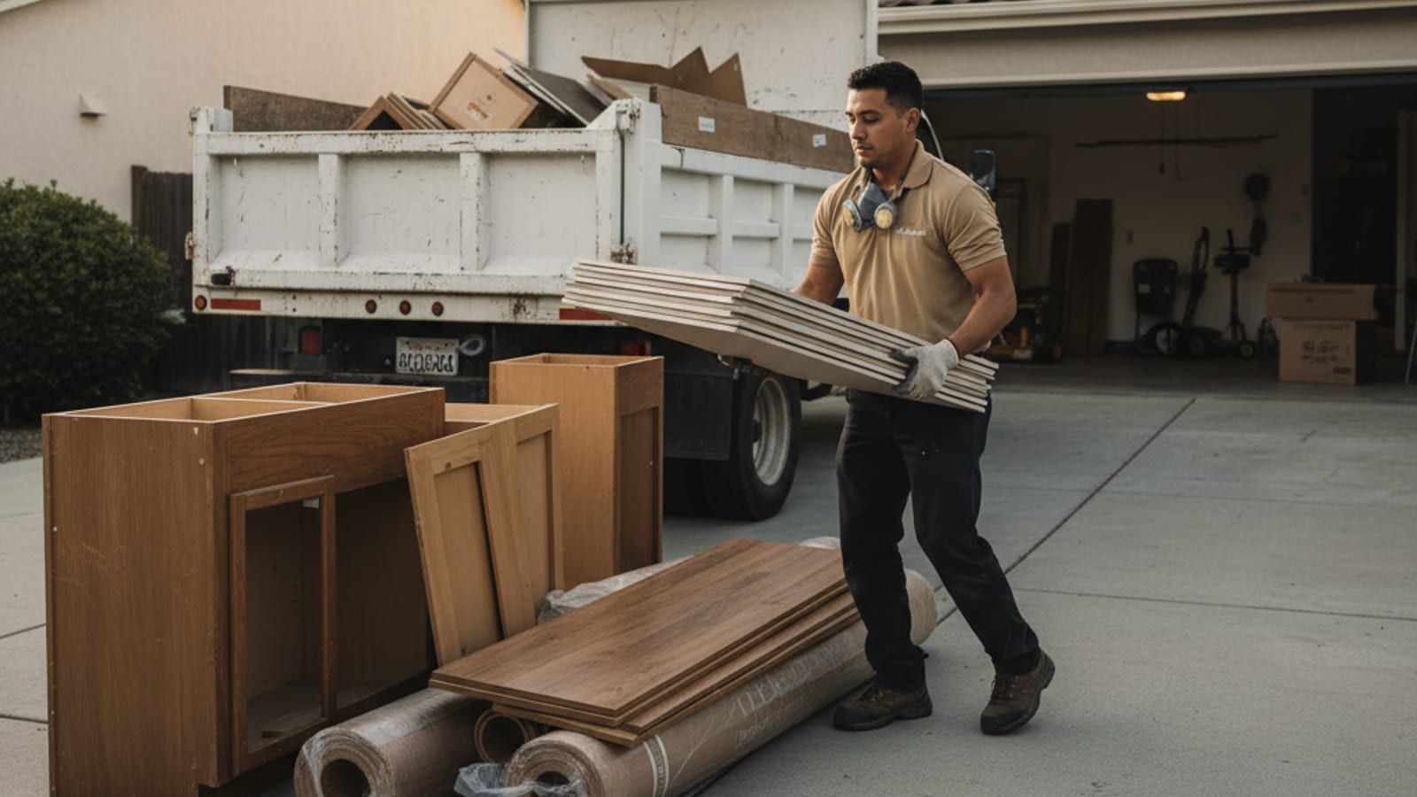 Pile of mixed construction debris including drywall, lumber, and tile stacked outside a San Diego remodel
