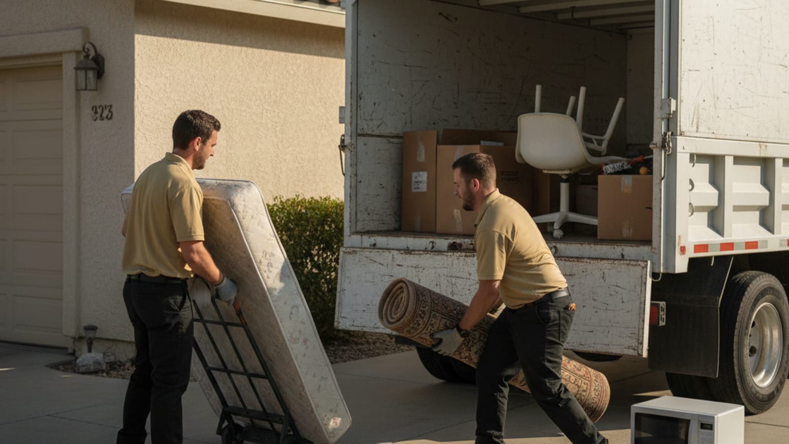 Two-person Clear Out San Diego crew loading household junk into a junk removal truck outside a San Diego home