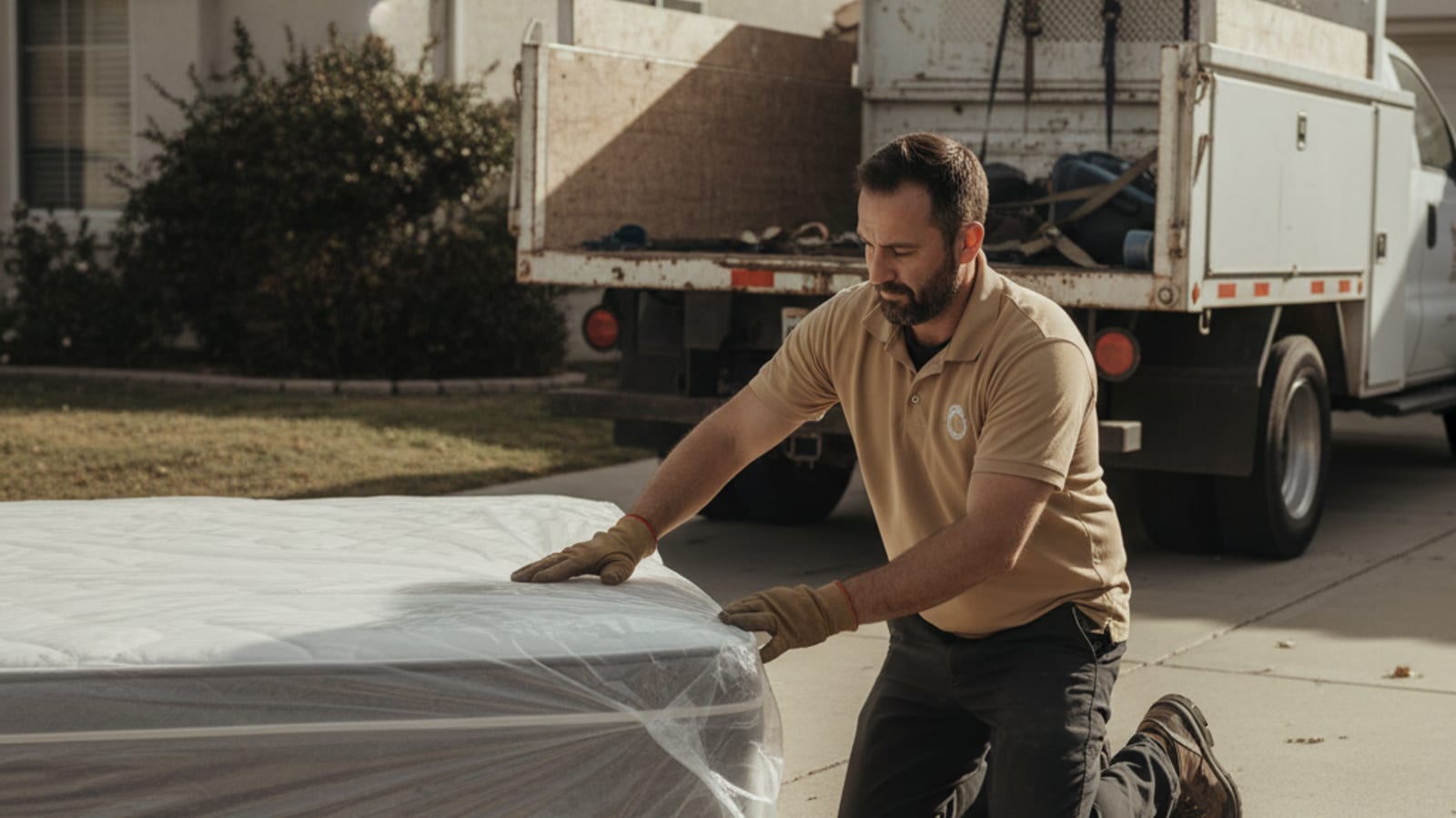 An old mattress and box spring staged on a San Diego driveway ready for pickup and recycling